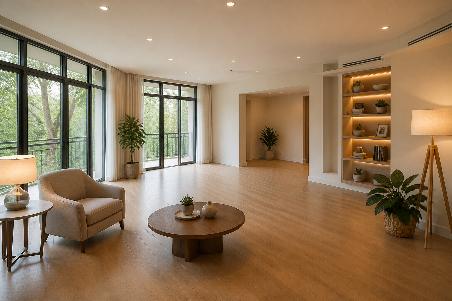 Bright open living room with space cleared for mixed reality VR porn